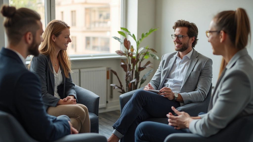 Groep professionele mensen die samen in een coachingsessie deelnemen met focusvolle gezichtsuitdrukkingen