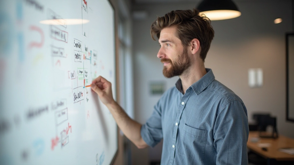 Afbeelding van goed georganiseerde werkruimte met dagplanner en doelstellingen op whiteboard