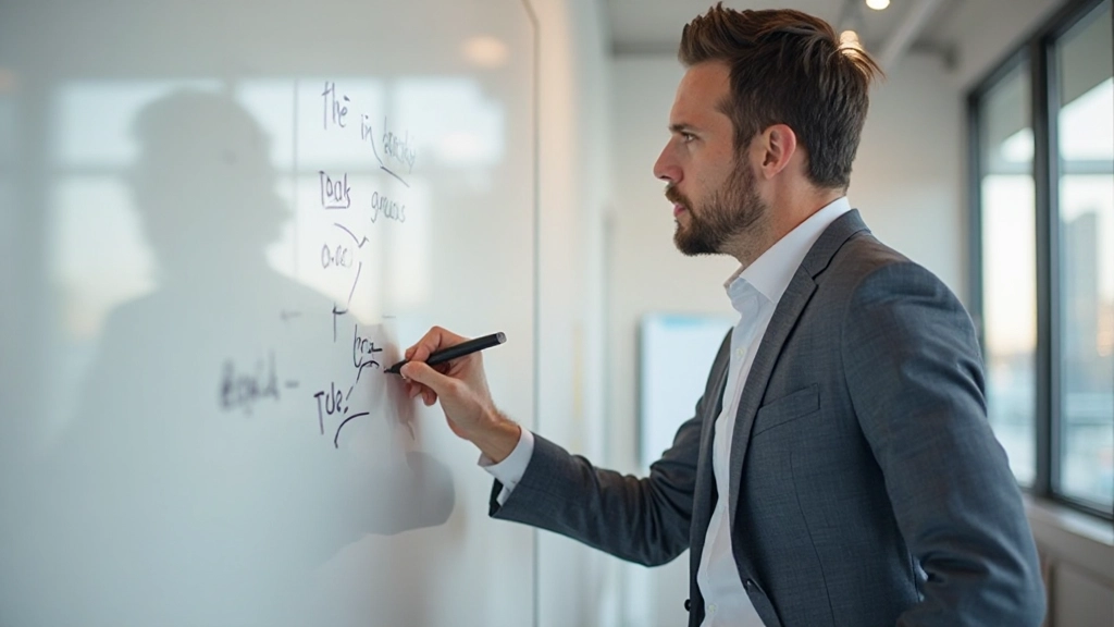 Professionele foto van iemand die doelen op een whiteboard schrijft in een modern kantoor met natuurlijk licht