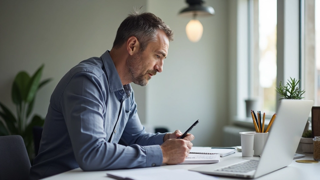 Foto van een persoon die zich concentreert op werkzaamheden met een duidelijk georganiseerde werkplek vol motivationele items