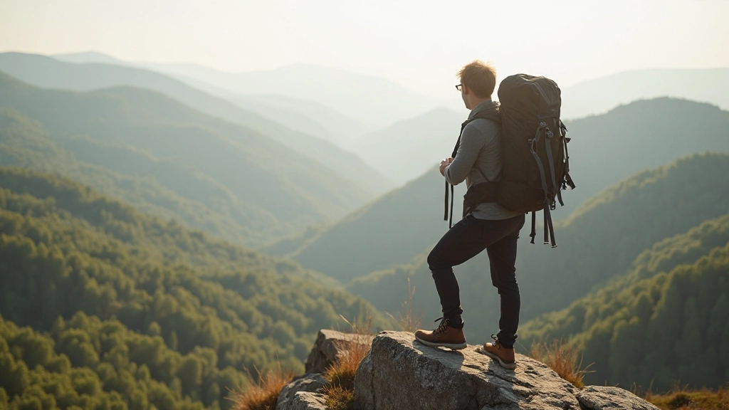 Professionele foto van persoon op berg top, volledig gekleed in wandelkleding, uitkijkend over landschap met gevoel van triomf, natuurlijke outdoor omgeving met zonneschijn, onscherpe achtergrond, GEEN tekst, GEEN watermerken