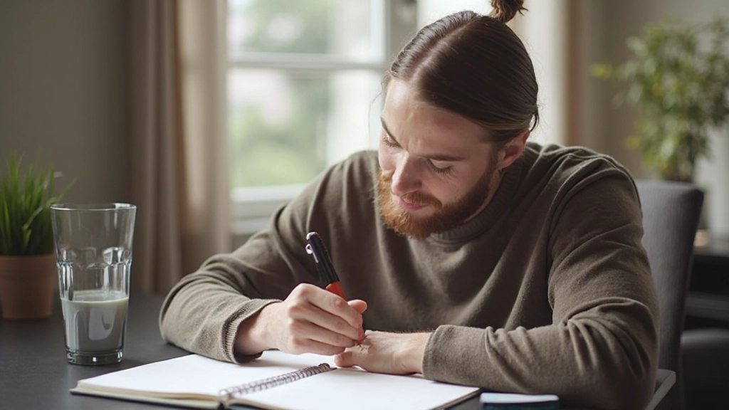 Professionele foto van persoon die journaal schrijft, volledig gekleed in comfortabele huiskleding, aan het schrijven aan een bureau in rustig thuis kantoor, zacht licht van venster, onscherpe achtergrond, GEEN tekst, GEEN watermerken