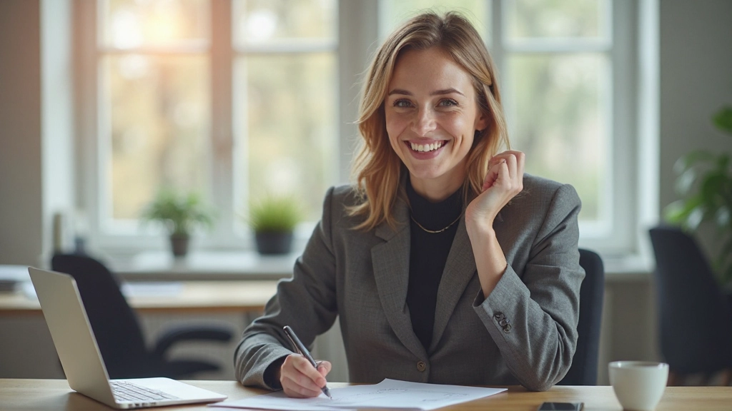 Succesvolle persoon die haar doelen heeft bereikt en tevreden terugkijkt op geboekte vooruitgang